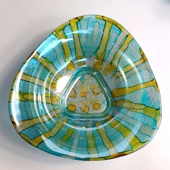 Teal and Gold Coloured Decorative Art Glass Bowl - Picture 5 of 5